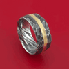 Hammered Kuro Damascus Steel Ring with 14k Yellow Gold Inlay Custom Made Band