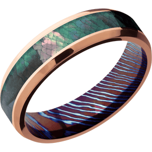 14K Rose Gold + Polish , Polish Finish + Titanium Damascus