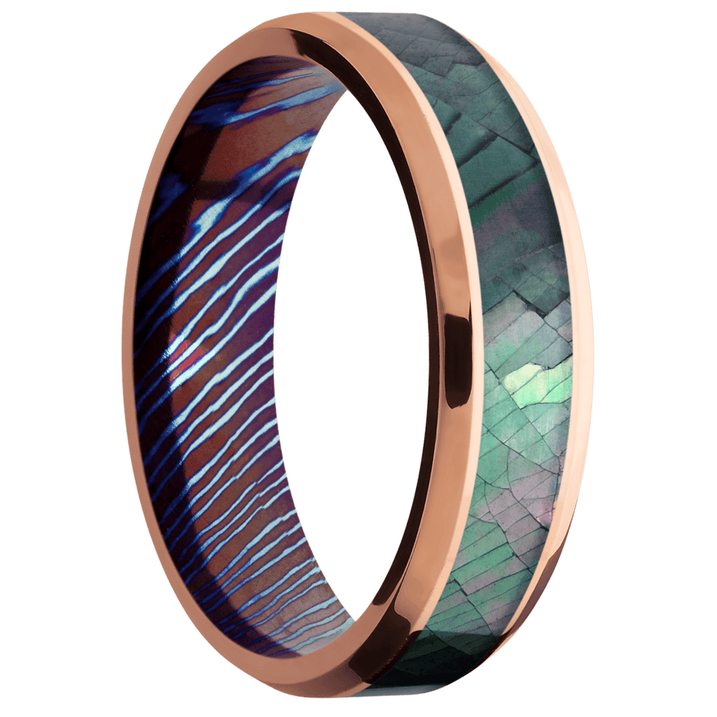 14K Rose Gold + Polish , Polish Finish + Titanium Damascus