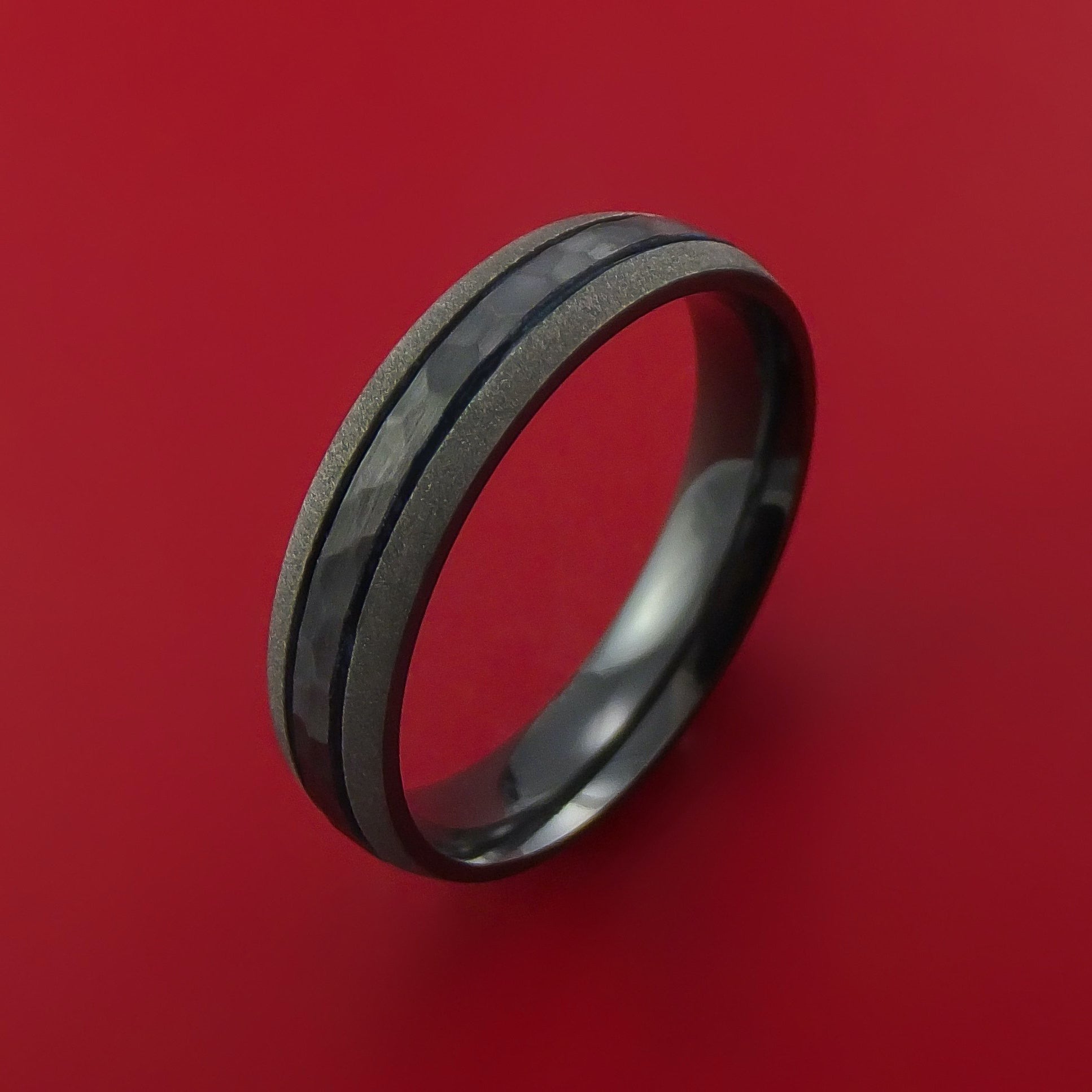 Black Zirconium Ring with Fish Hook Laser-etched Pattern Inlay Custom Made Band