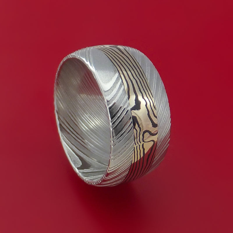 Wide Kuro Damascus Steel Ring with 14k White Gold Mokume Shakudo Inlay Custom Made Band
