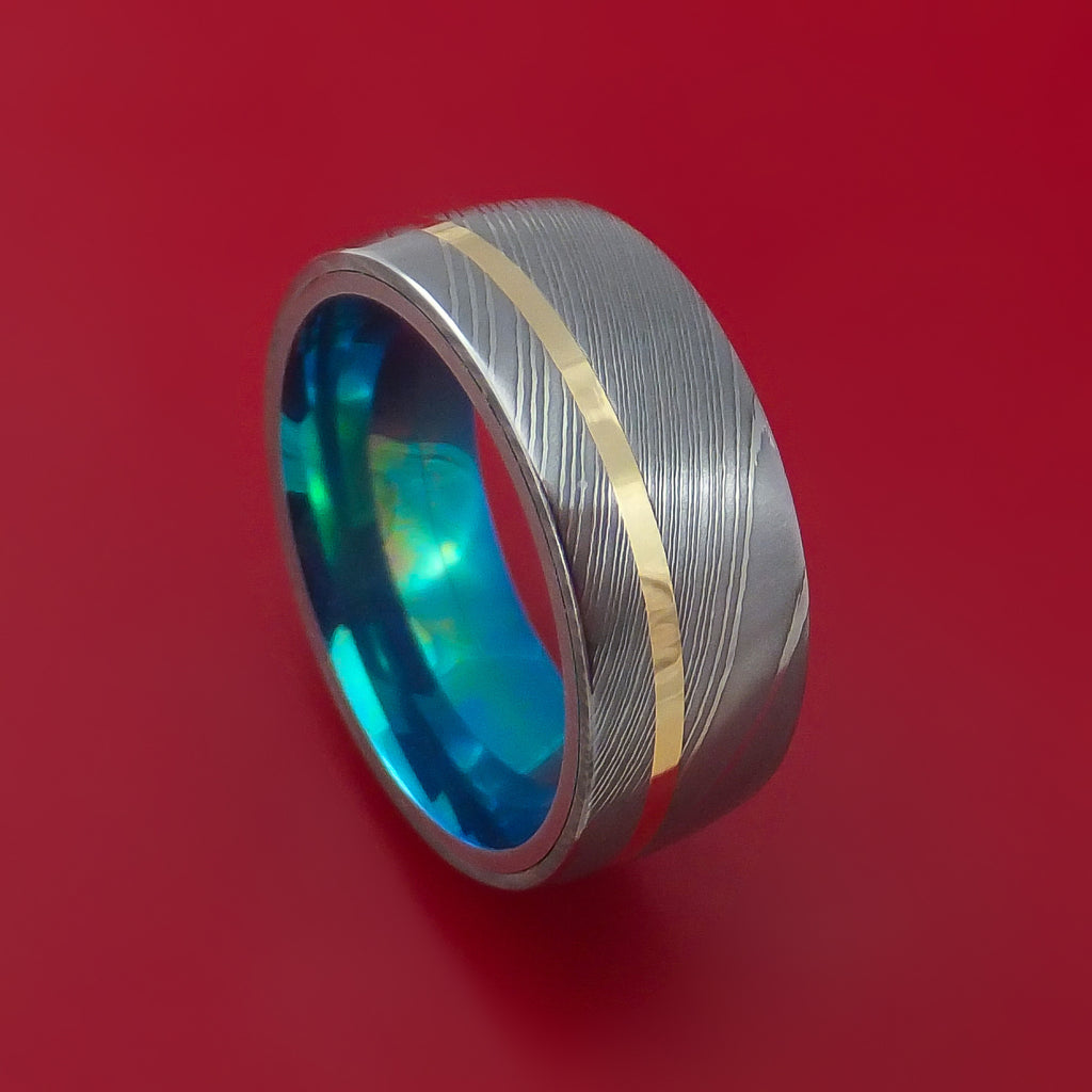 Damascus Steel Ring with 14k Yellow Gold Inlay and Interior Anodized Titanium Sleeve Custom Made Band