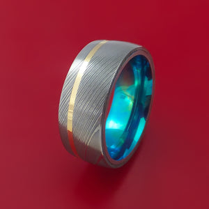 Damascus Steel Ring with 14k Yellow Gold Inlay and Interior Anodized Titanium Sleeve Custom Made Band