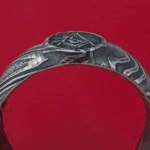 Kuro Damascus Steel Ring with Laser-Etched Masonic Emblem Inlay Custom Made Band