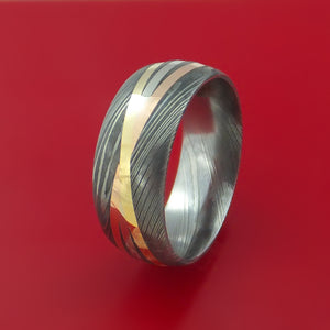 Damascus Steel Ring with Diagonal 14K White, Rose, and Yellow Gold Inlays Wedding Band Custom Made