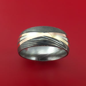 Damascus Steel Ring with Diagonal 14K White, Rose, and Yellow Gold Inlays Wedding Band Custom Made