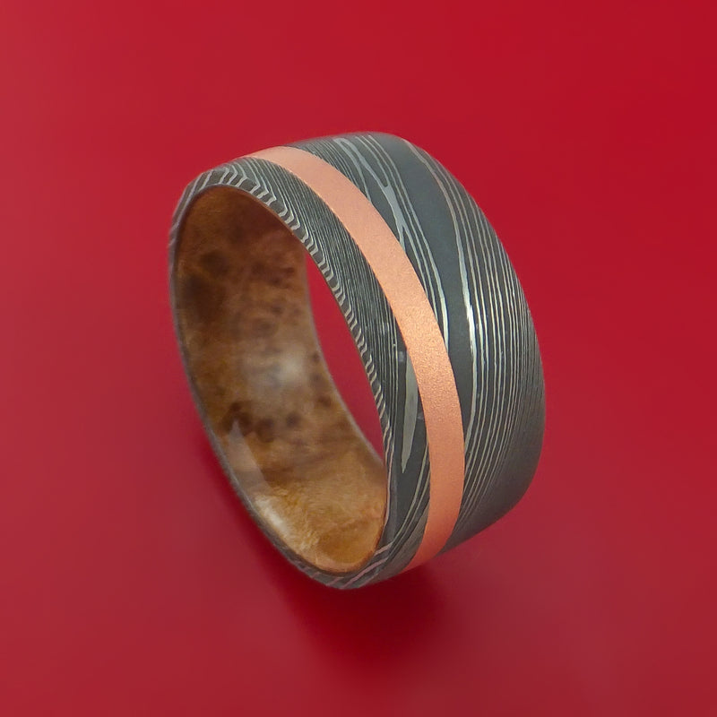Wide Damascus Steel Ring with Copper Inlay and Interior Hardwood Sleeve Custom Made Band