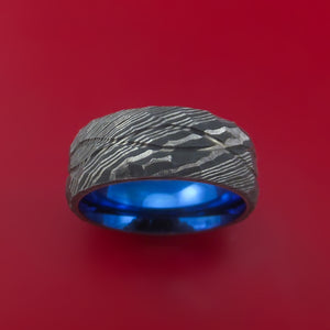 Hammered Damascus Steel Ring with Infinity Milled Celtic Design Inlay and Interior Anodized Titanium Sleeve Custom Made Band