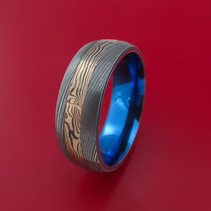 Damascus Steel Ring with 14k Rose Gold Mokume Shakudo Inlay and Interior Anodized Titanium Sleeve Custom Made Band
