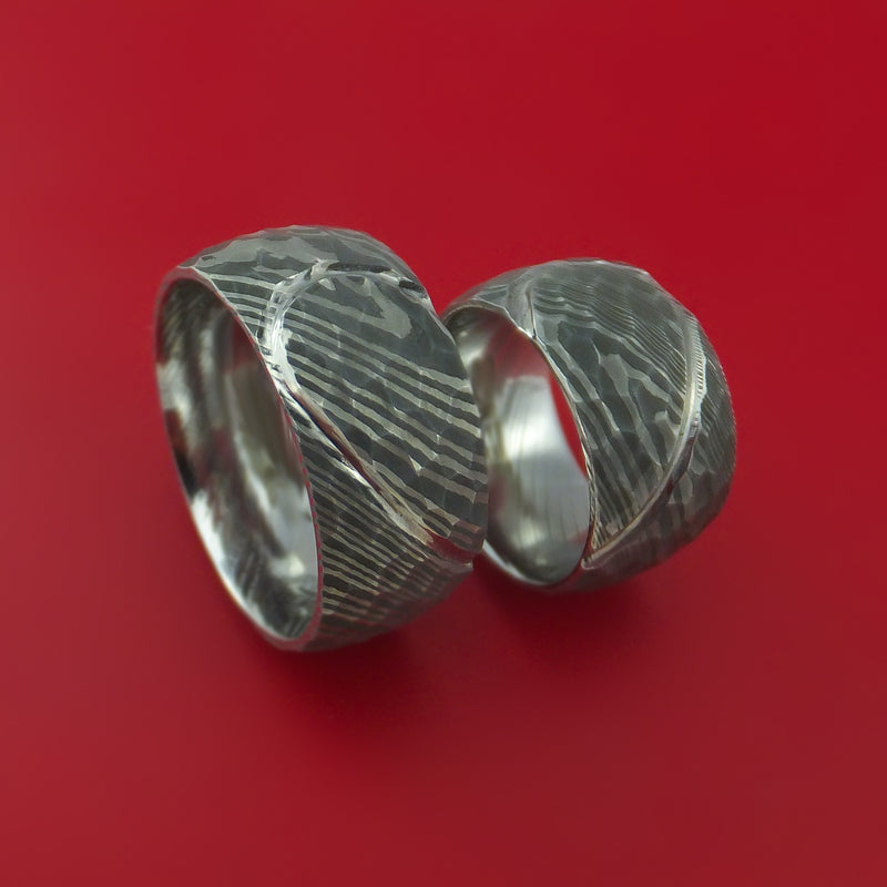 Matching Hammered Damascus Steel Heart Carved Ring Set Wedding Bands Genuine Craftsmanship