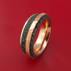 Damascus Steel and 14K Rose Gold Ring with Tree Bark Finish and Hammered Copper Inlay