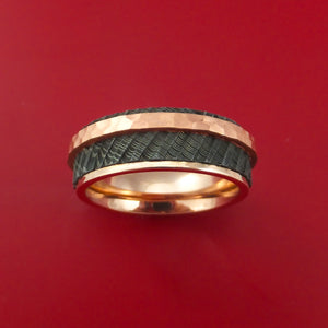 Damascus Steel and 14K Rose Gold Ring with Tree Bark Finish and Hammered Copper Inlay
