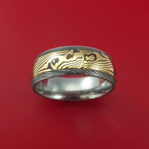 Damascus Steel Ring with 18K Yellow Gold Shakudo Mokume Custom Made Band