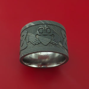 Wide Damascus Steel Celtic Irish Claddagh Ring Hands Clasping Heart Band Carved