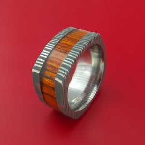 Wide Damascus Steel Ring with Hardwood Inlay Custom Made Band