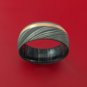 Damascus Steel Ring with 14k Rose Gold Inlay and Interior Hardwood Sleeve Custom Made Band