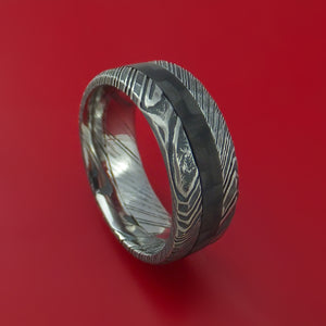 Hammered Kuro Damascus Steel Ring with Black Carbon Fiber Inlay Custom Made Band