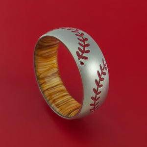 Cobalt Chrome Ring with Baseball Dual Stitching and Cerakote Inlays and Interior Hardwood Sleeve Custom Made Band