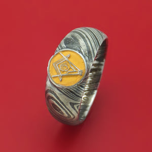 Kuro Damascus Steel Masonic Emblem Signet Ring with Cerakote Custom Made Band