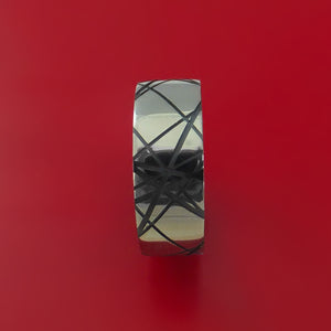 Black Zirconium Ring with Retro Rock and Roll Laser-Etched Pattern Inlay Custom Made Band