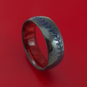Black Zirconium Ring with Baseball Stitching and Cerakote Inlays and Interior Hardwood Sleeve Custom Made Band