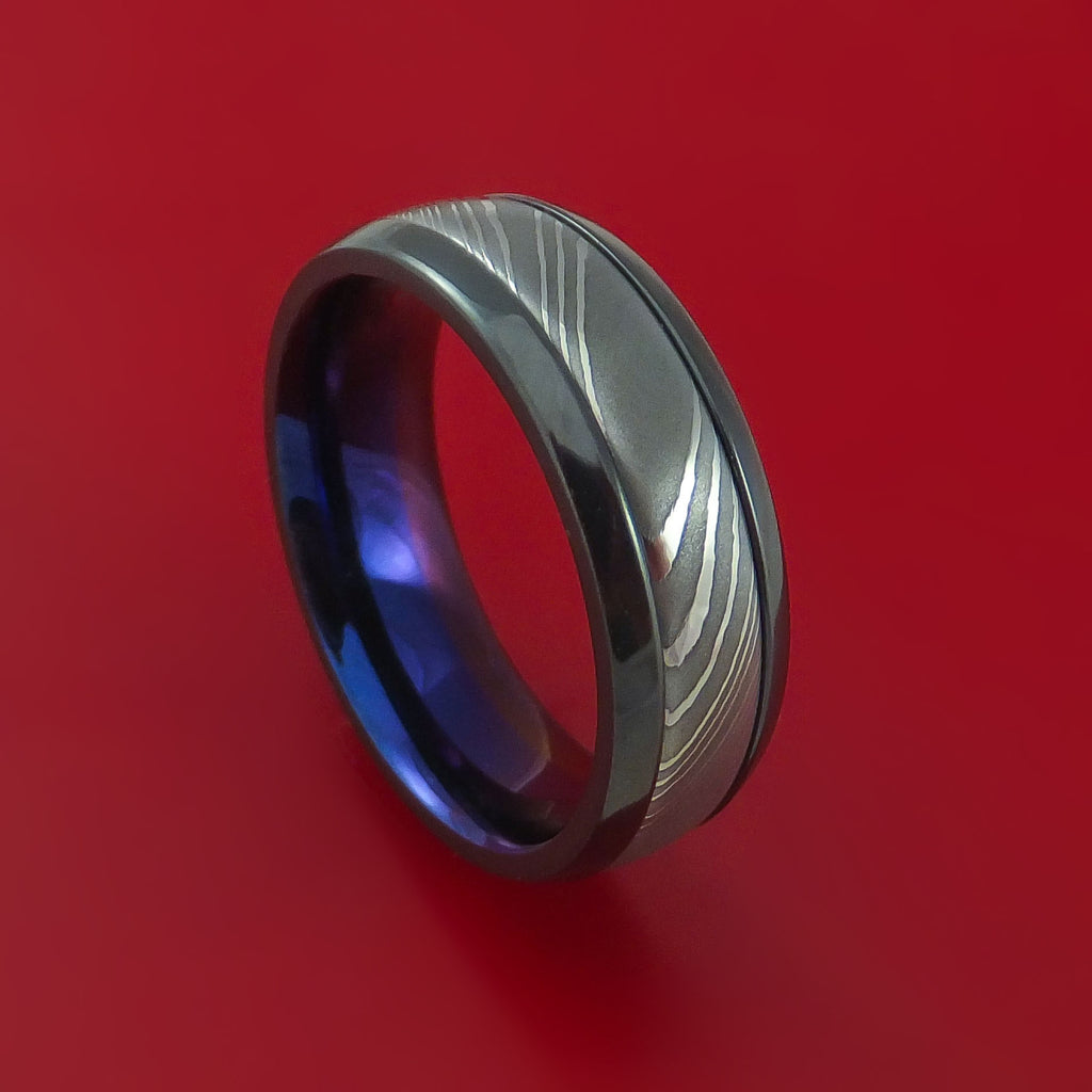 Black Zirconium Ring with Damascus Steel Inlay and Interior Anodized Sleeve Custom Made Band