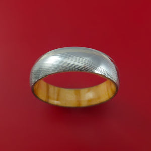 Damascus Steel Ring with 14K White Gold Inlay and Interior Hardwood Sleeve Custom Made Band