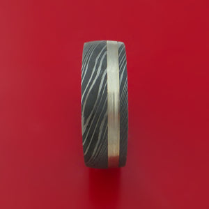 Damascus Steel Ring with 14K White Gold Inlay and Interior Hardwood Sleeve Custom Made Band