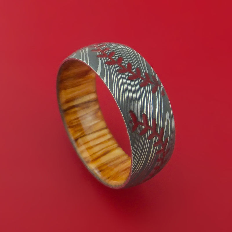 Damascus Steel Ring with Baseball Dual Stitching and Cerakote Inlays and Interior Hardwood Sleeve Custom Made Band