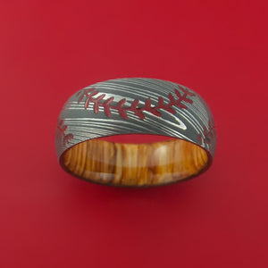 Damascus Steel Ring with Baseball Dual Stitching and Cerakote Inlays and Interior Hardwood Sleeve Custom Made Band