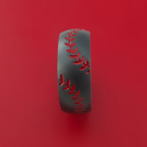 Black Zirconium Ring with Baseball Dual Stitching and Cerakote Inlays and Interior Hardwood Sleeve Custom Made Band