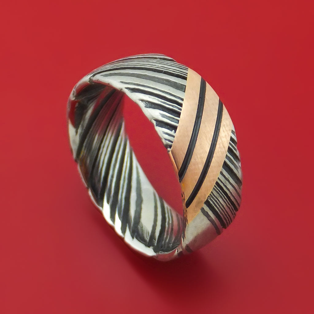 Kuro Damascus Steel Ring with Angled 14K Gold Custom Made Band