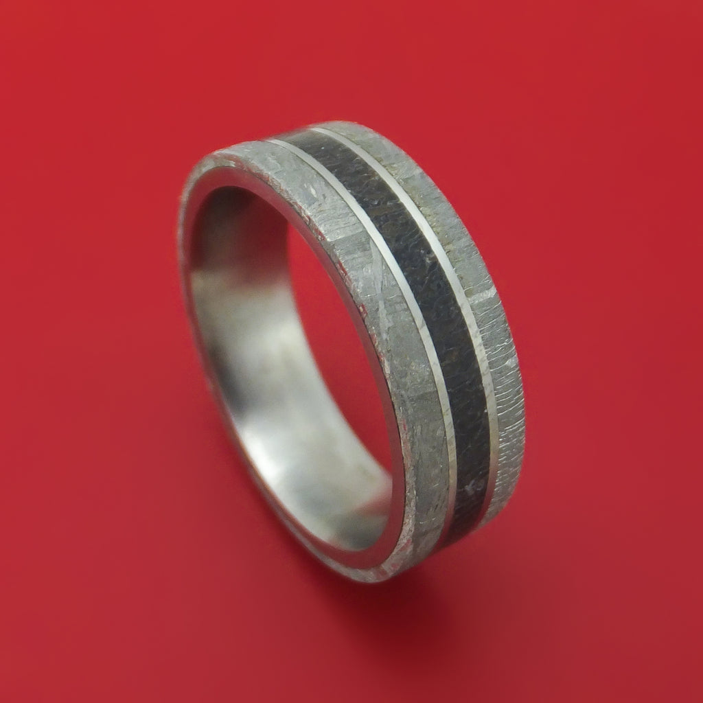Titanium Ring with Dinosaur Bone and Gibeon Meteorite Custom Made Band