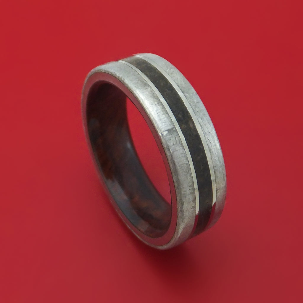 Titanium Ring with Dinosaur Bone and Gibeon Meteorite with Wood Sleeve Custom Made Band