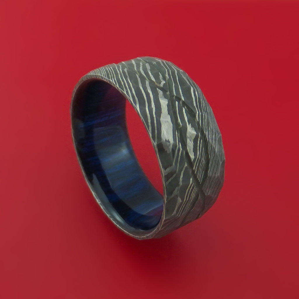 Wide Hammered Damascus Steel Ring with Infinity Milled Celtic Design Inlay and Interior Hardwood Sleeve Custom Made Band