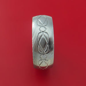 Damascus Steel Ring with Milled Celtic Design Inlay and Interior Hardwood Sleeve Custom Made Band