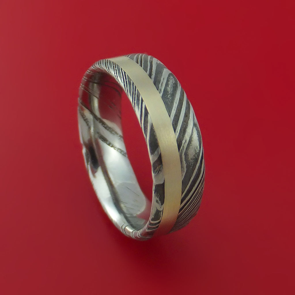 Kuro Damascus Steel and 14k White Gold Ring Custom Made Band
