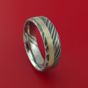 Kuro Damascus Steel and 14k White Gold Ring Custom Made Band