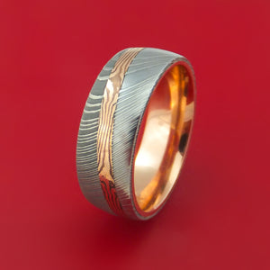 Damascus Steel Ring with Diagonal Rose Gold Mokume Shakudo Inlay and Gold Sleeve Custom Made
