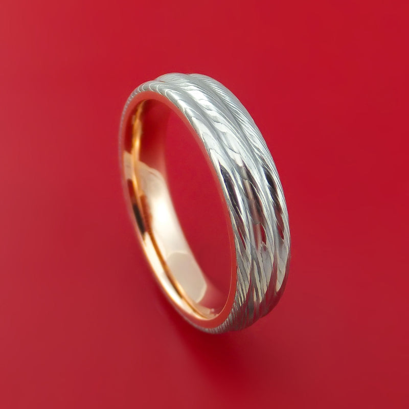 Damascus Steel Ring with 14k Rose Gold Sleeve Custom Made Band