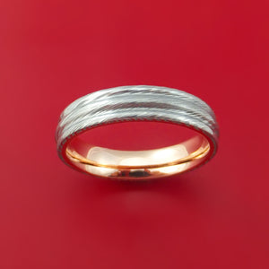 Damascus Steel Ring with 14k Rose Gold Sleeve Custom Made Band