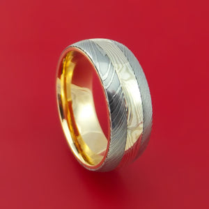 Damascus Steel and Mokume Ring with Yellow Gold Sleeve Wedding Band Custom Made