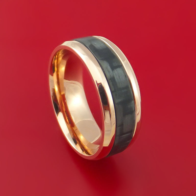 14k Rose Gold Ring with Black Carbon Fiber Inlay Custom Made Men's