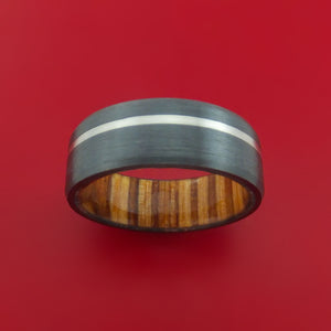 Black Zirconium Ring with Platinum Inlay and Interior Hardwood Sleeve Custom Made Band