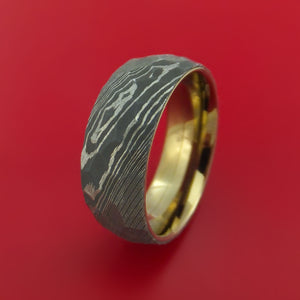 Hammered Damascus Steel Ring with Interior Anodized Titanium Sleeve Custom Made Band
