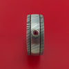 Damascus Steel Ring with Groove Inlay and Ruby Custom Made Band