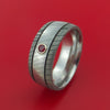 Damascus Steel Ring with Groove Inlay and Ruby Custom Made Band
