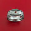 Damascus Steel Ring with Groove Inlay and Ruby Custom Made Band