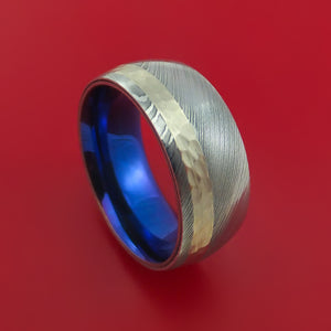 Damascus Steel 14K White Gold Ring Wedding Band with Anodized Titanium Sleeve Custom Made Hammer Finish