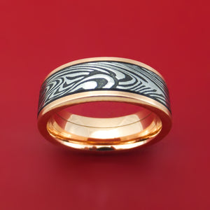 14K Gold and Sunset Kuro Damascus Steel Ring Custom Made